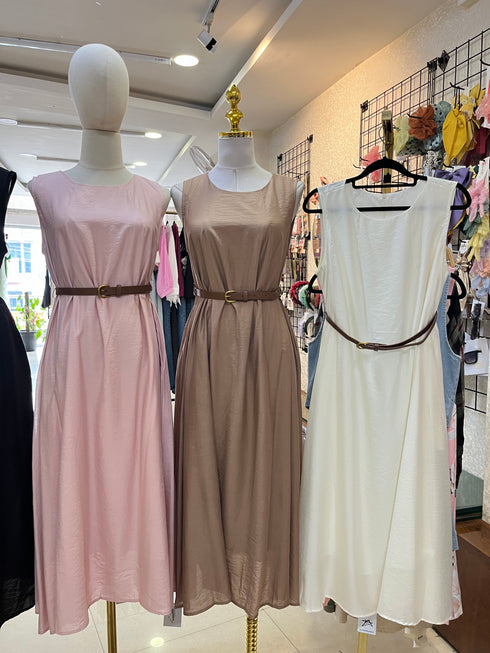 Summer Round Neck Casual Pocket Dress With Belt